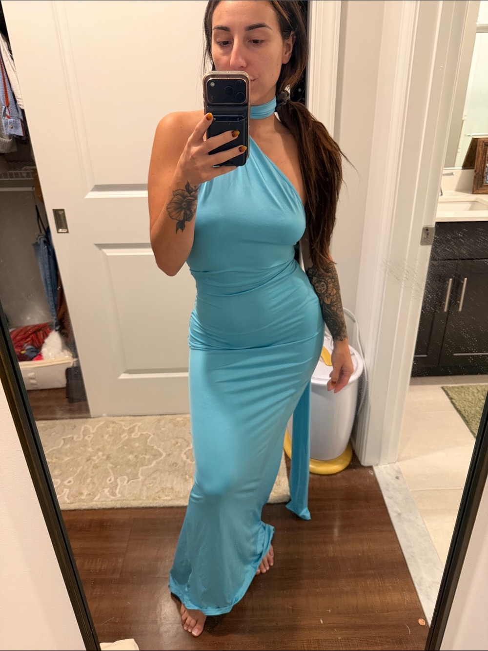 One-Shoulder Maxi Dress in Turquoise Blue
